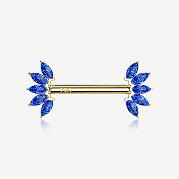 A Pair of 14 Karat Gold OneFit Threadless Marquise Sparkle Floral Nipple Barbell-Blue